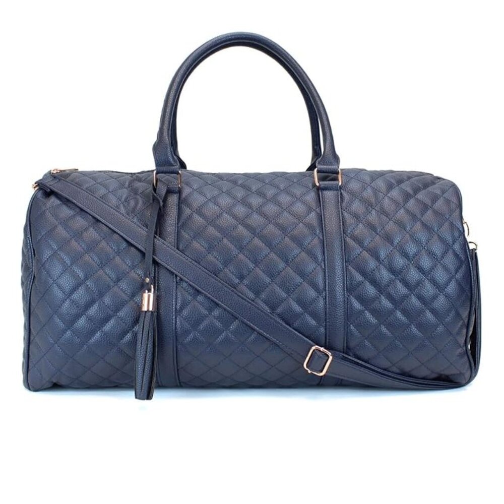 Womens Navy Blue Quilted PU Leather Weekender Large Travel Duffel Bag